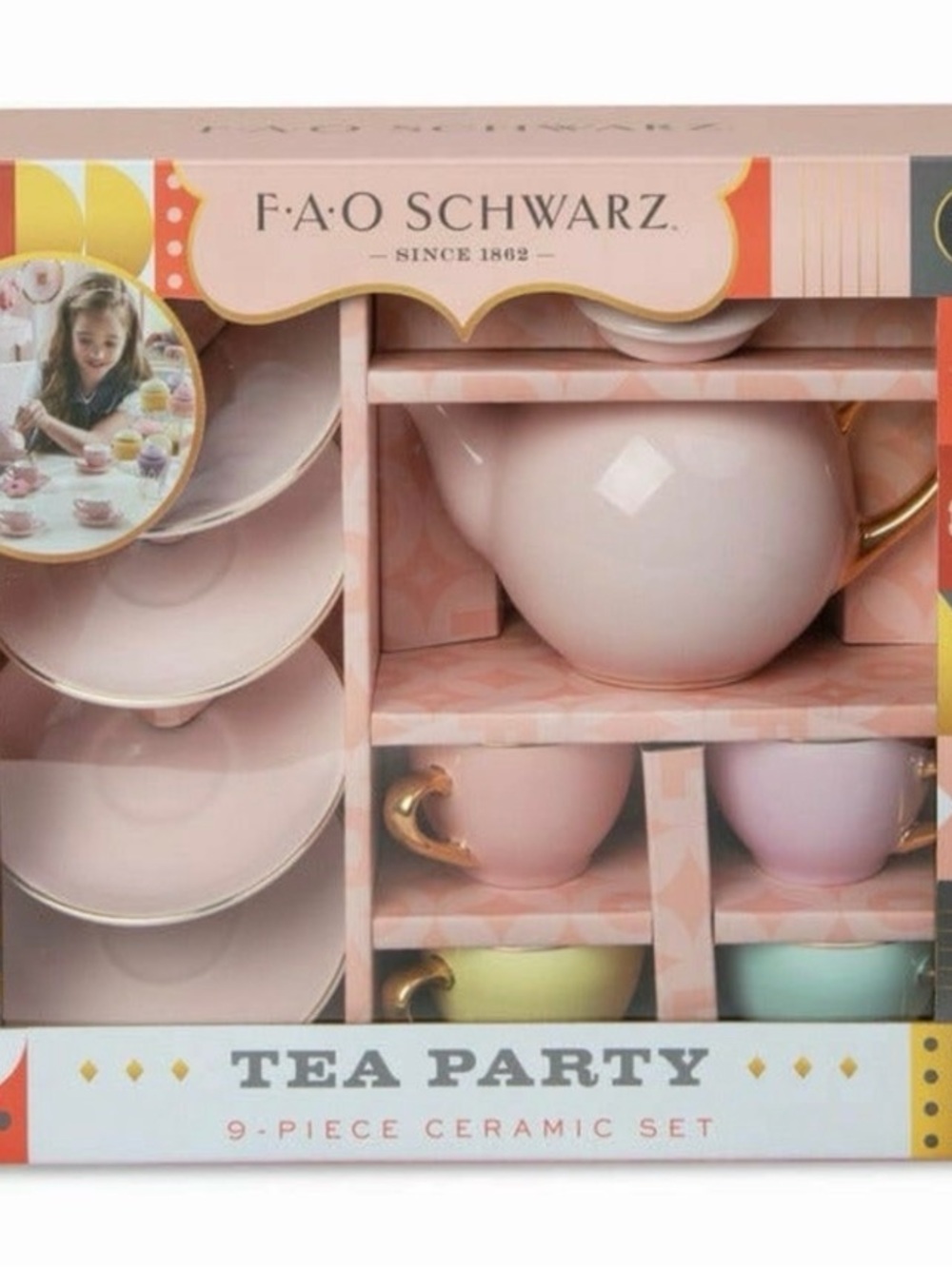 FAO Schwarz Tea Party 9-Piece Ceramic Tea Set for Kids, Ages 8+